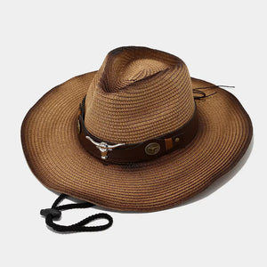 Bull Skull Straw Cowboy Hat in tan with wide brim