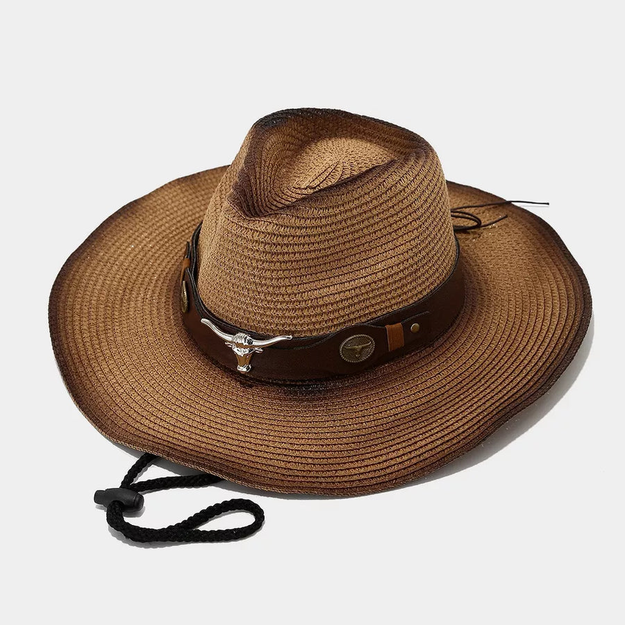 Bull Skull Straw Cowboy Hat in tan with wide brim