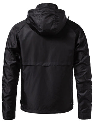 black windbreaker with hip-length and zip-front