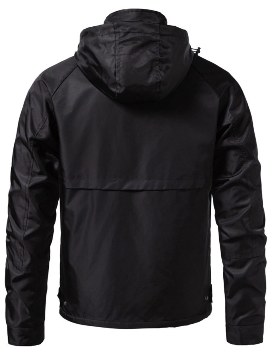 black windbreaker with hip-length and zip-front
