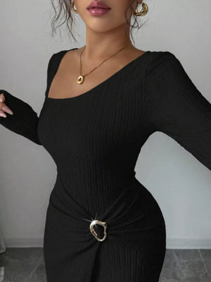 rust bodycon maxi dress with asymmetrical