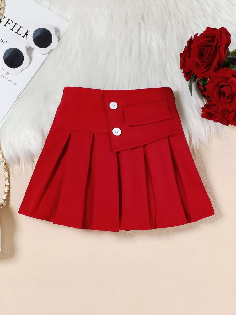 Wine red baby skirt with decorative buttons and pleated detail
