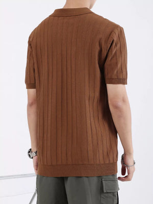 Brown ribbed knit polo shirt for men, short sleeves, casual style