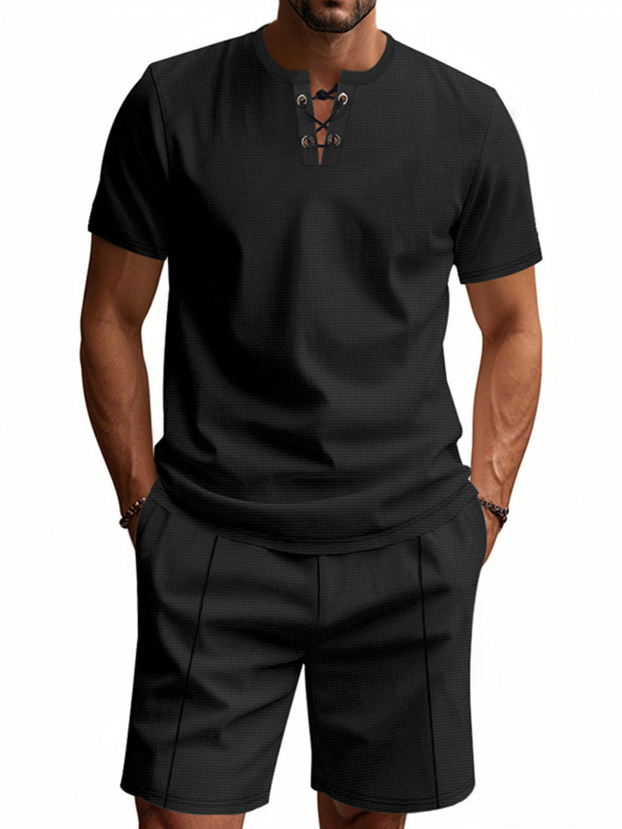 Black lace-up V-neck casual t-shirt and shorts set for men.