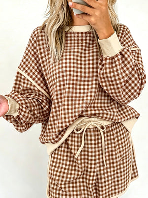 brown pajama set with gingham and crew neck