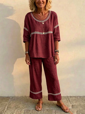 Pants Set in Wine Red with round neck and 3/4 sleeve