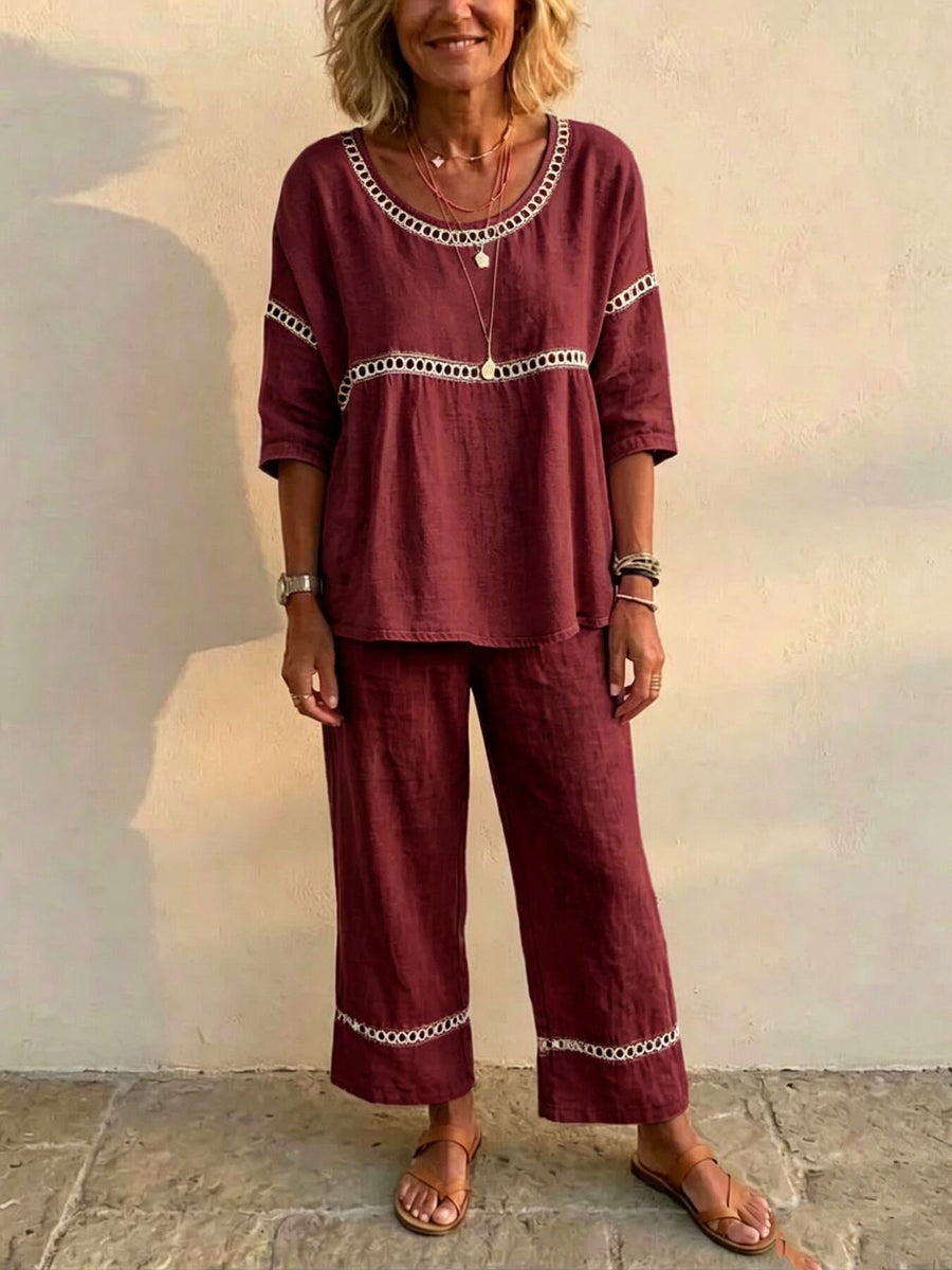 Pants Set in Wine Red with round neck and 3/4 sleeve