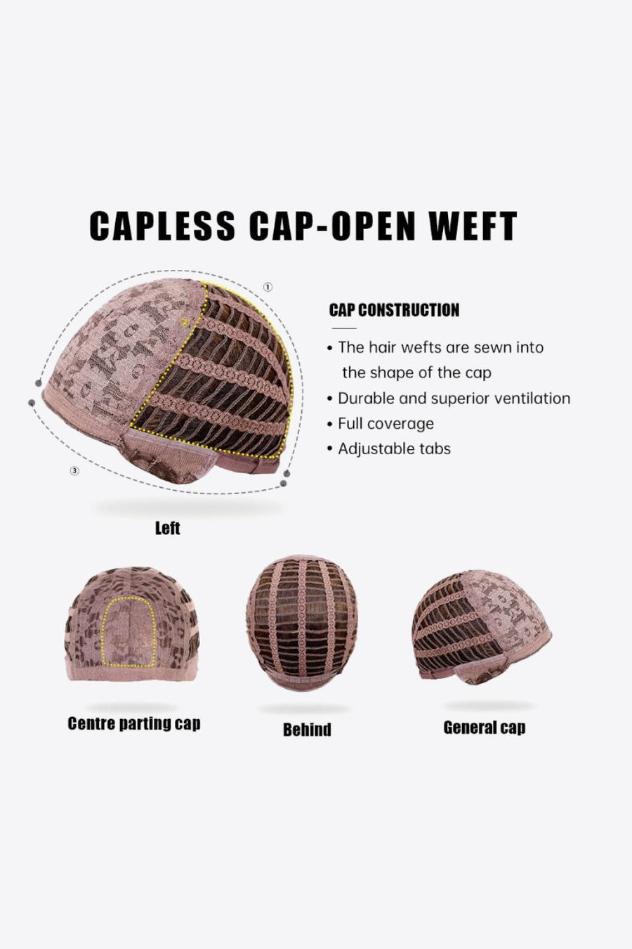 Capless wig construction with open weft, showing cap details from multiple angles.