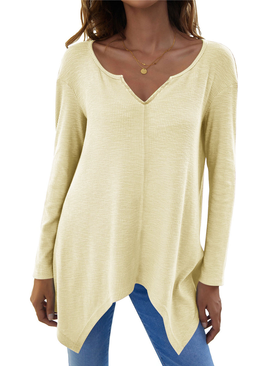 Light yellow ribbed knit tunic with v-neck and asymmetric hem