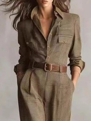 brown jumpsuit featuring buttoned and plaid