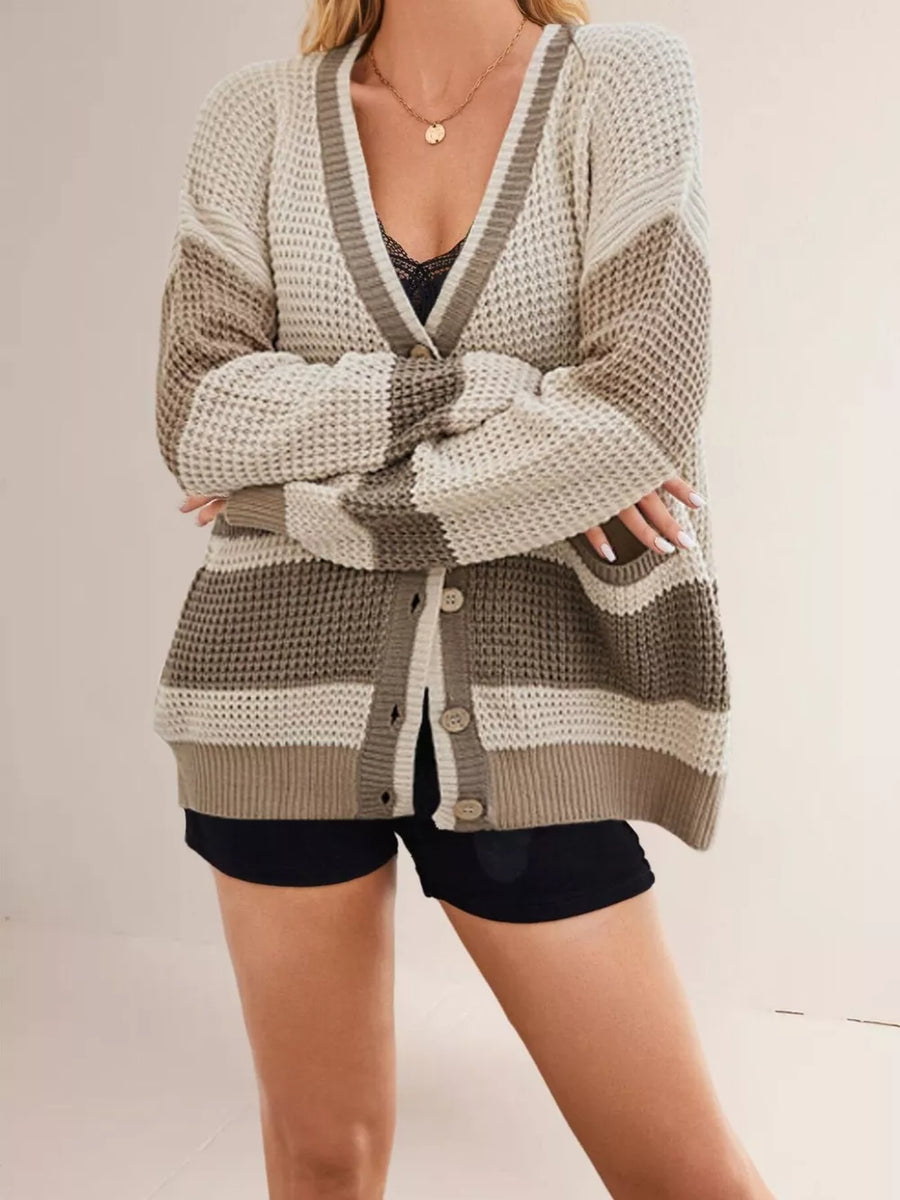 light beige cardigan with color-block and v-neck