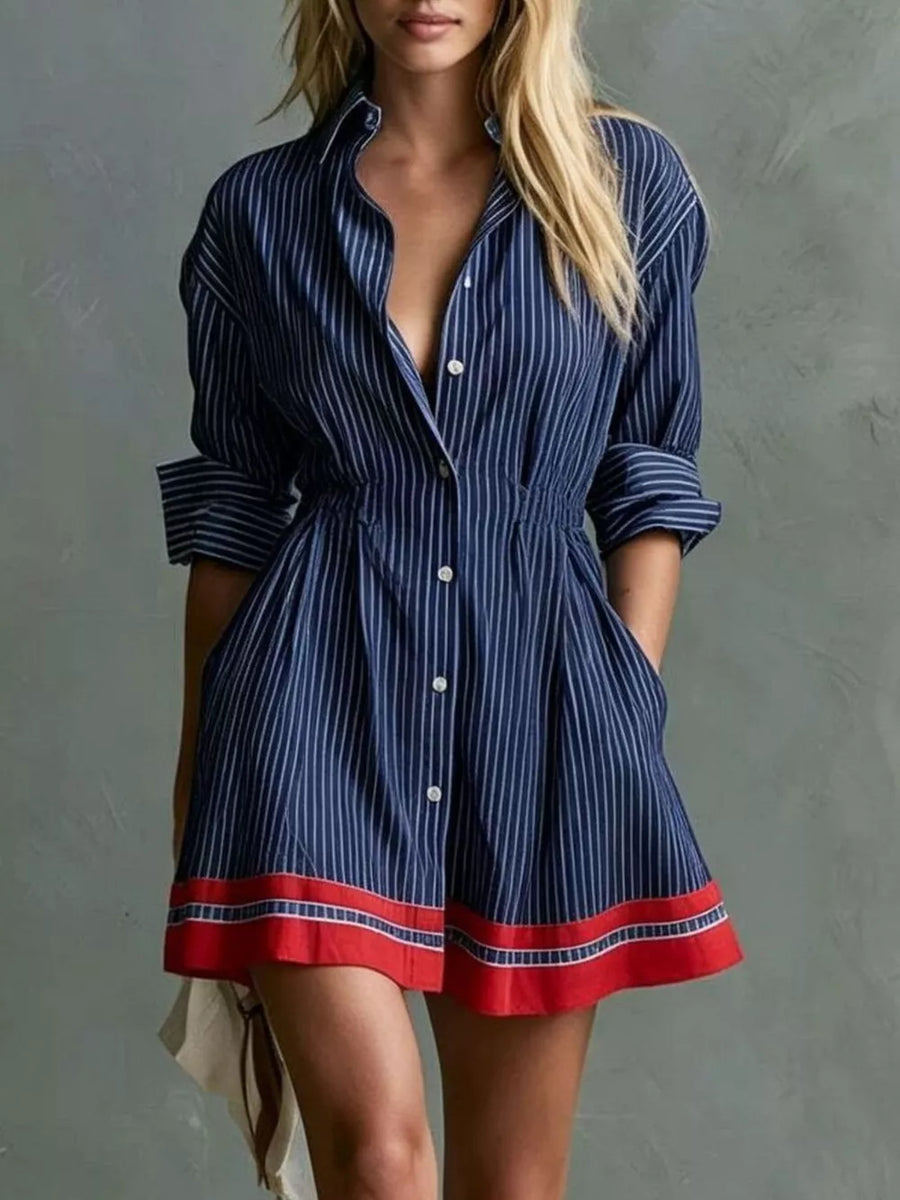 navy blue shirt dress with striped and collared
