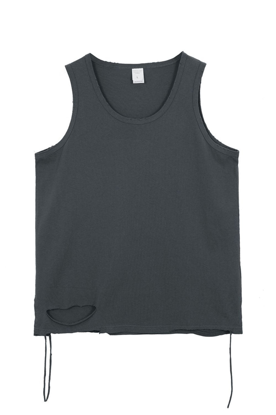 Dark grey distressed tank top with raw edges and drawstring hem