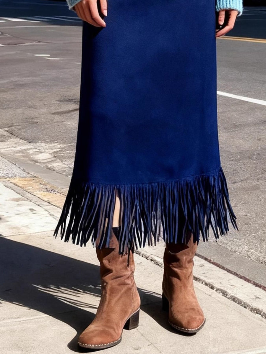 High-Waisted Suede Fringe Midi Skirt in camel