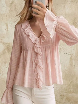 Dark Blue Ruffled V-neck Flounce Sleeve Blouse