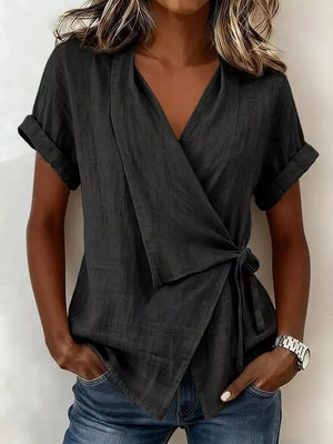 Mocha wrap top with cuffed sleeves and short sleeve