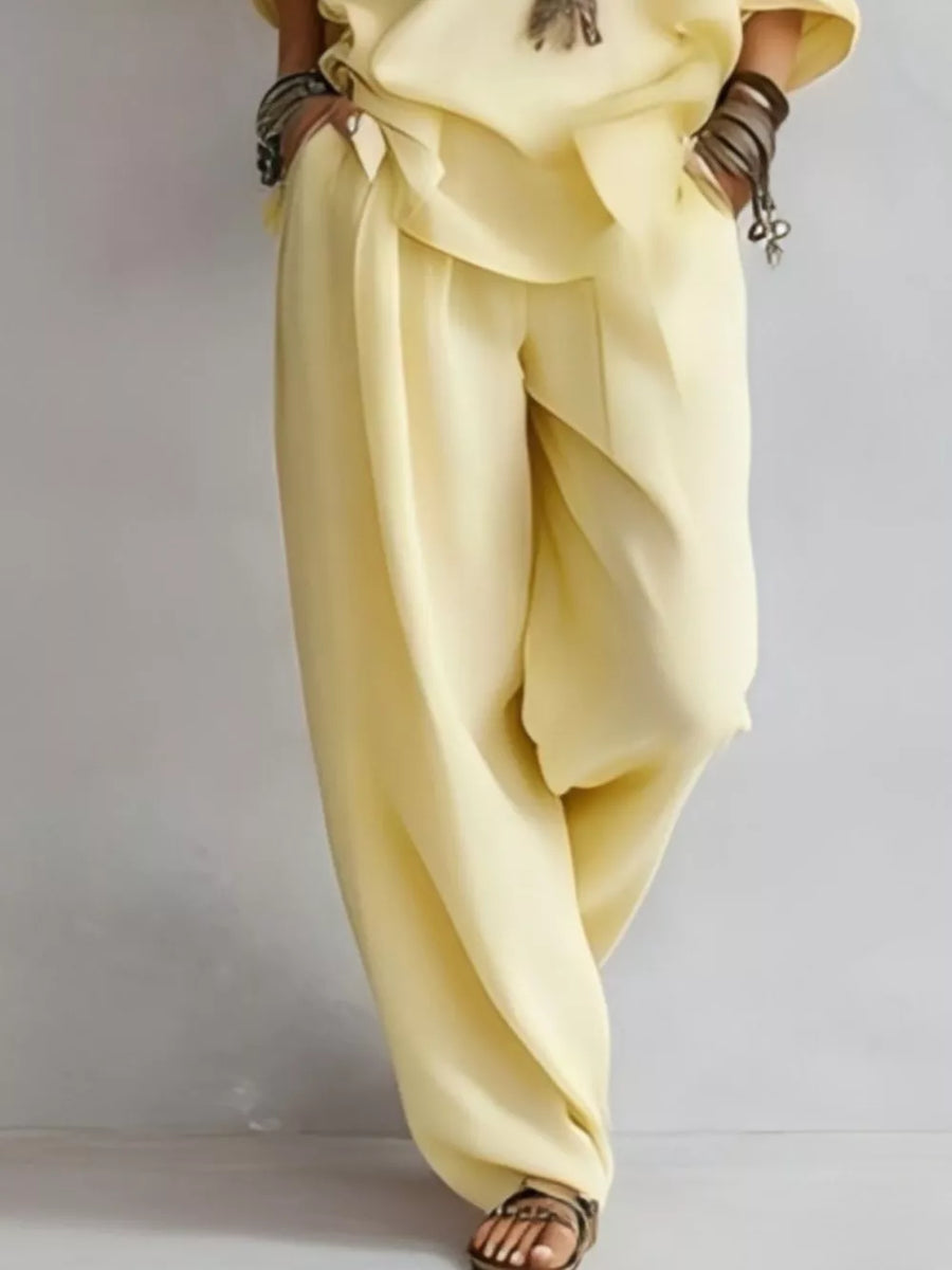 Pastel Yellow loose two-piece set with off-shoulder