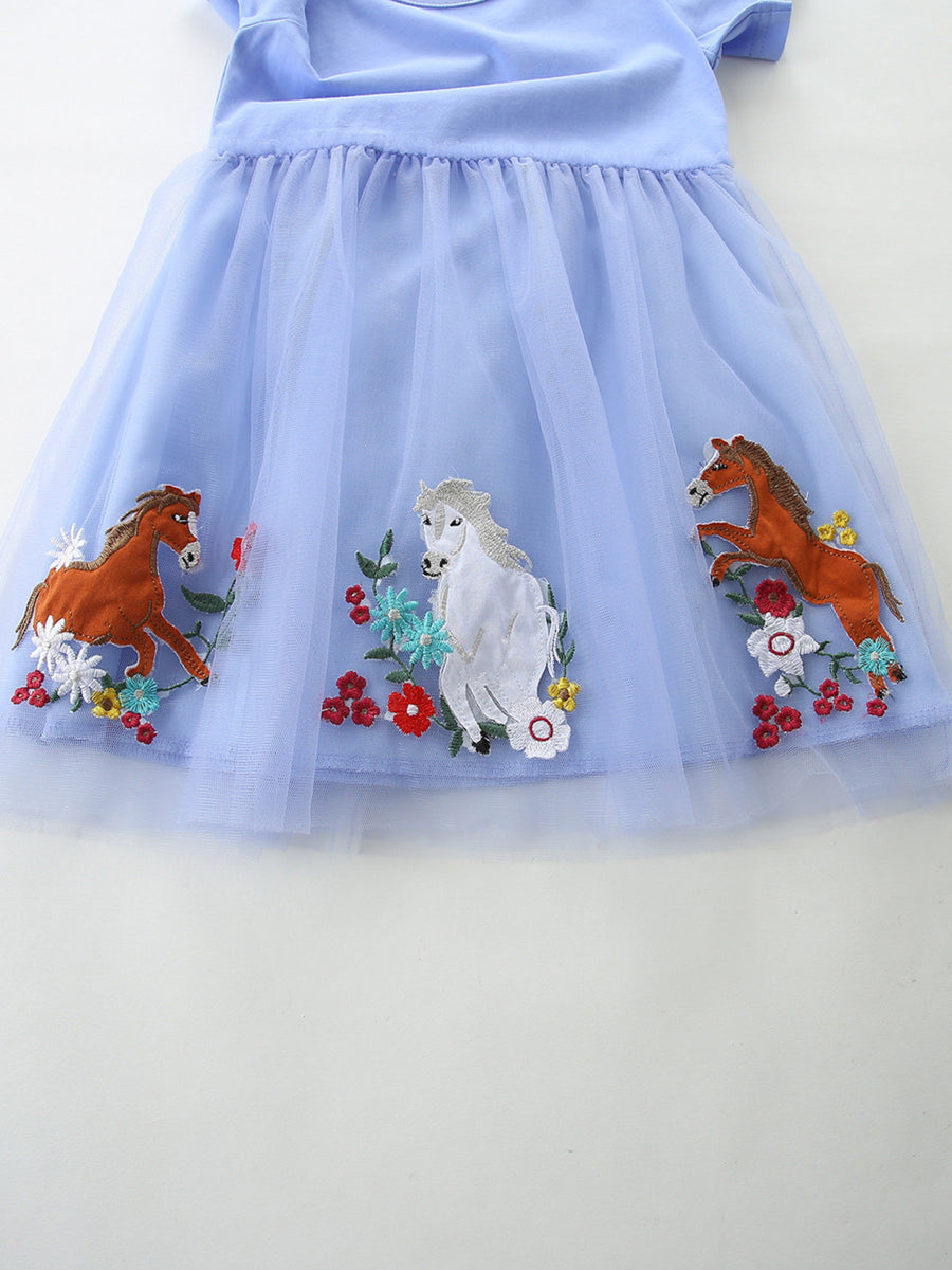 Baby blue tulle dress with horse and flower embroidery detail