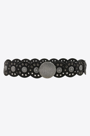 Black faux leather belt with circular disc embellishments and silver-tone studs.