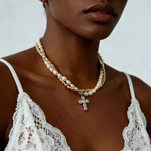Gold Elegant Pearl Alloy Necklace With Rhinestone Cross Pendant