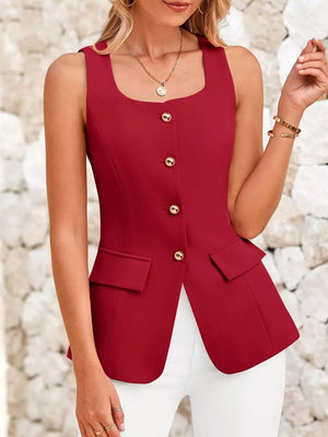 Red button-up tank top with square neck and flap pockets.