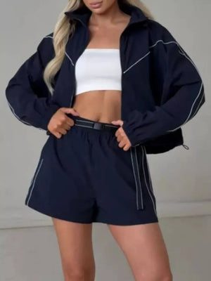 Drawstring Zip-up Jacket And Shorts Set in Brown with contrast stitching