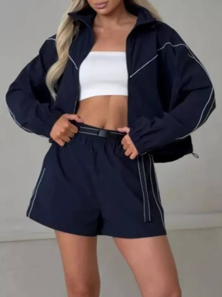 Drawstring Zip-up Jacket And Shorts Set in Brown with contrast stitching