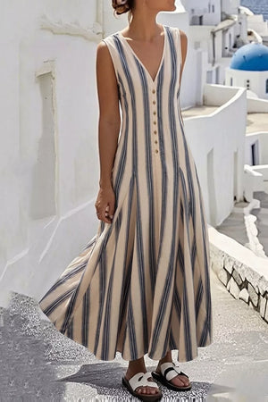 Stripe with Striped V-neck Sleeveless Midi Dress