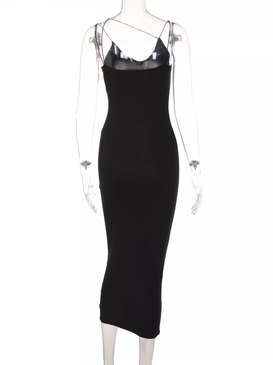 Black midi dress with spaghetti straps and sheer v-neck detail