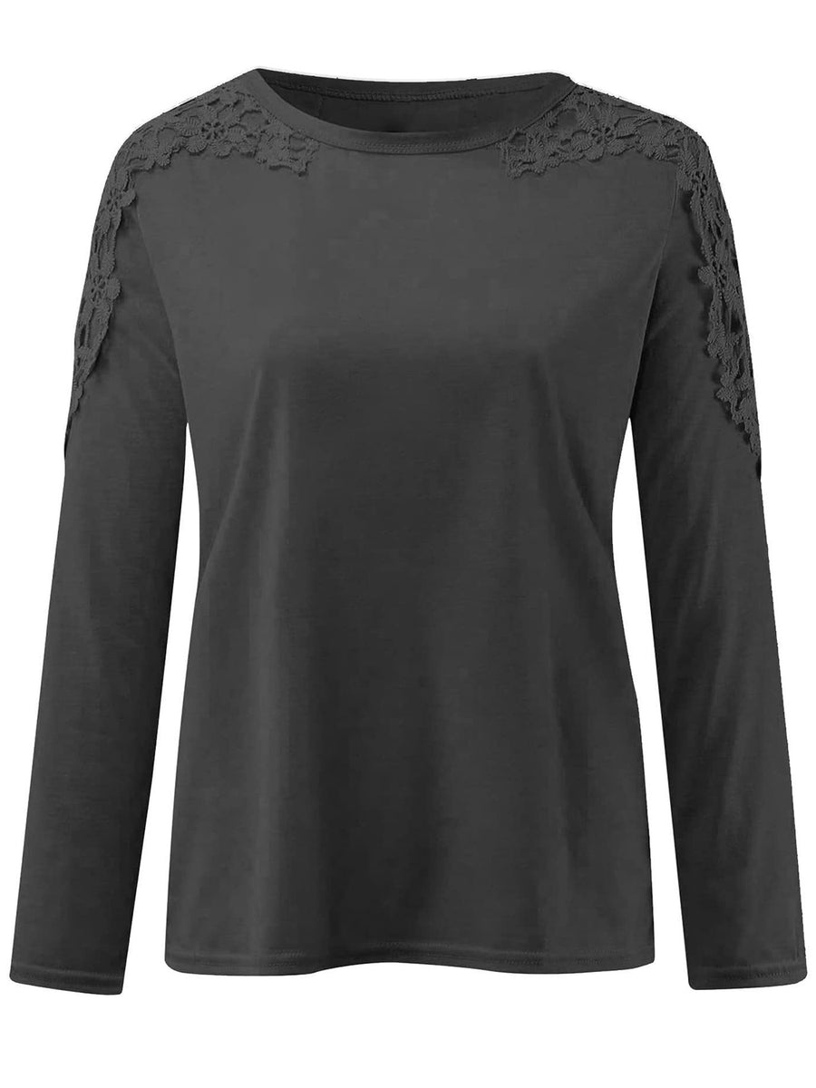 Light Gray long sleeve top with lace yoke and sleeve detail