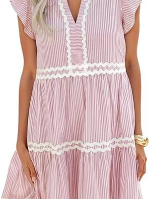 Striped Ruffle Sleeve Tiered Dress in Gum Leaf with tiered