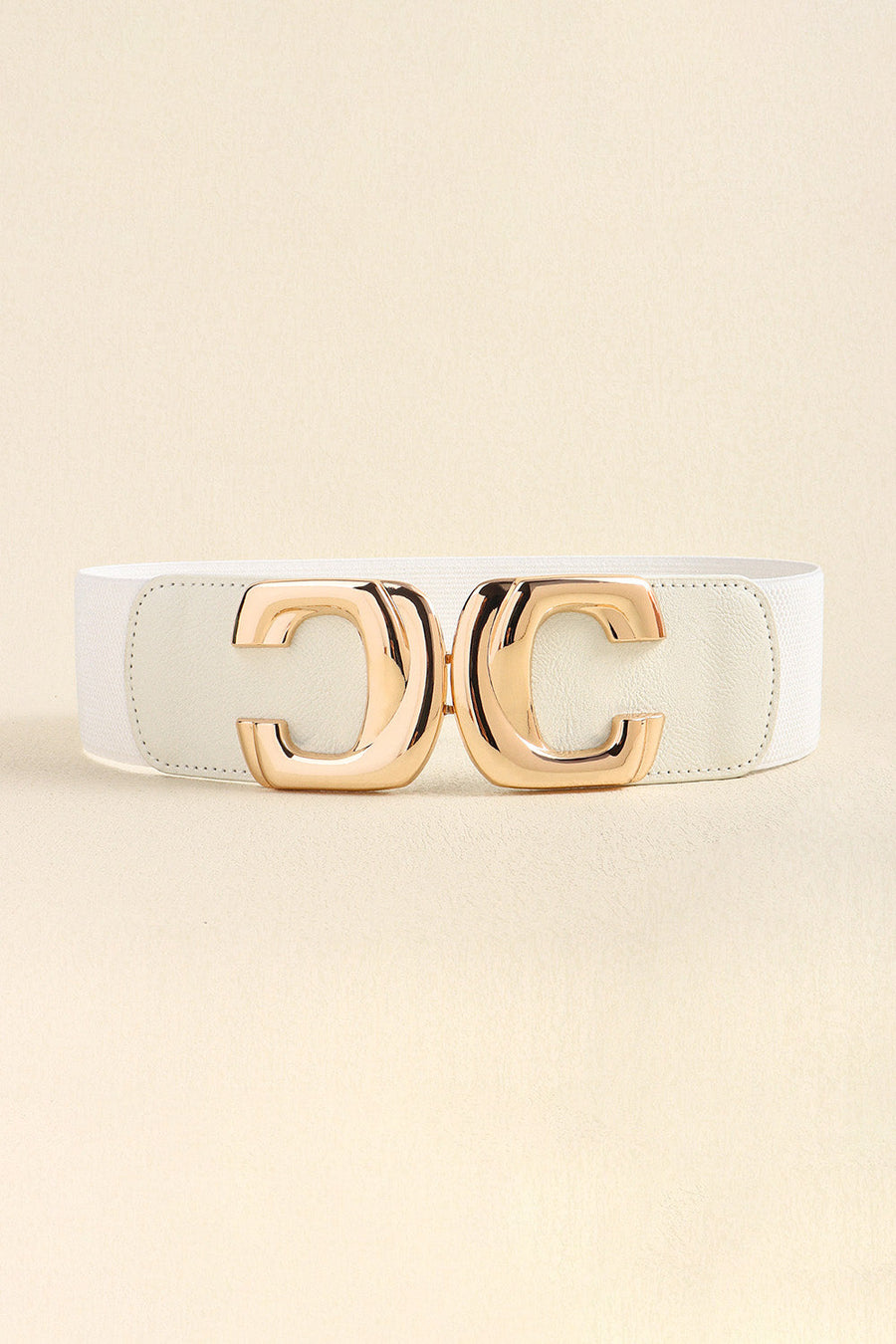 White elastic belt with gold double C buckle detail