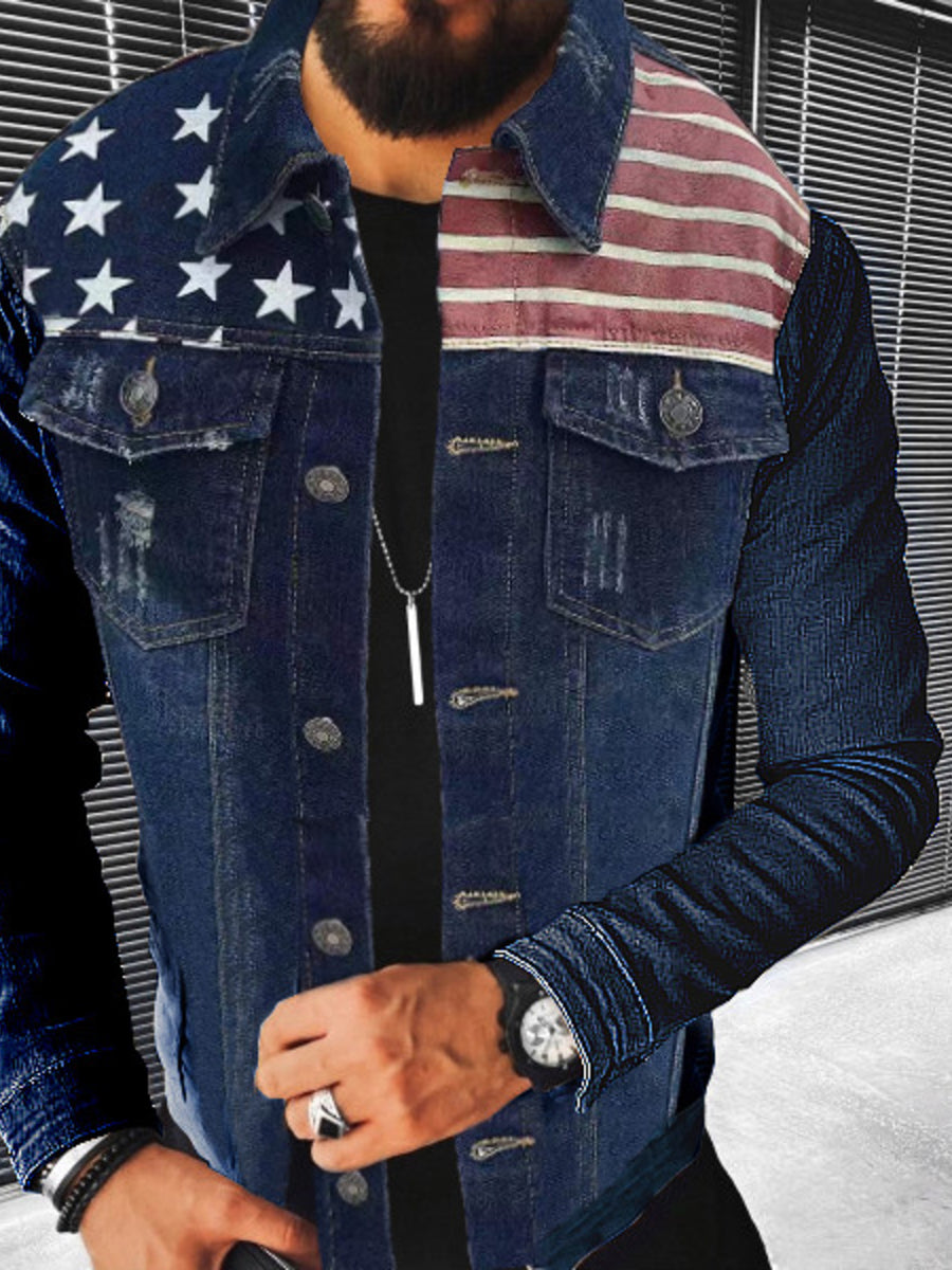 dark blue denim jacket with stars and stripes and collared