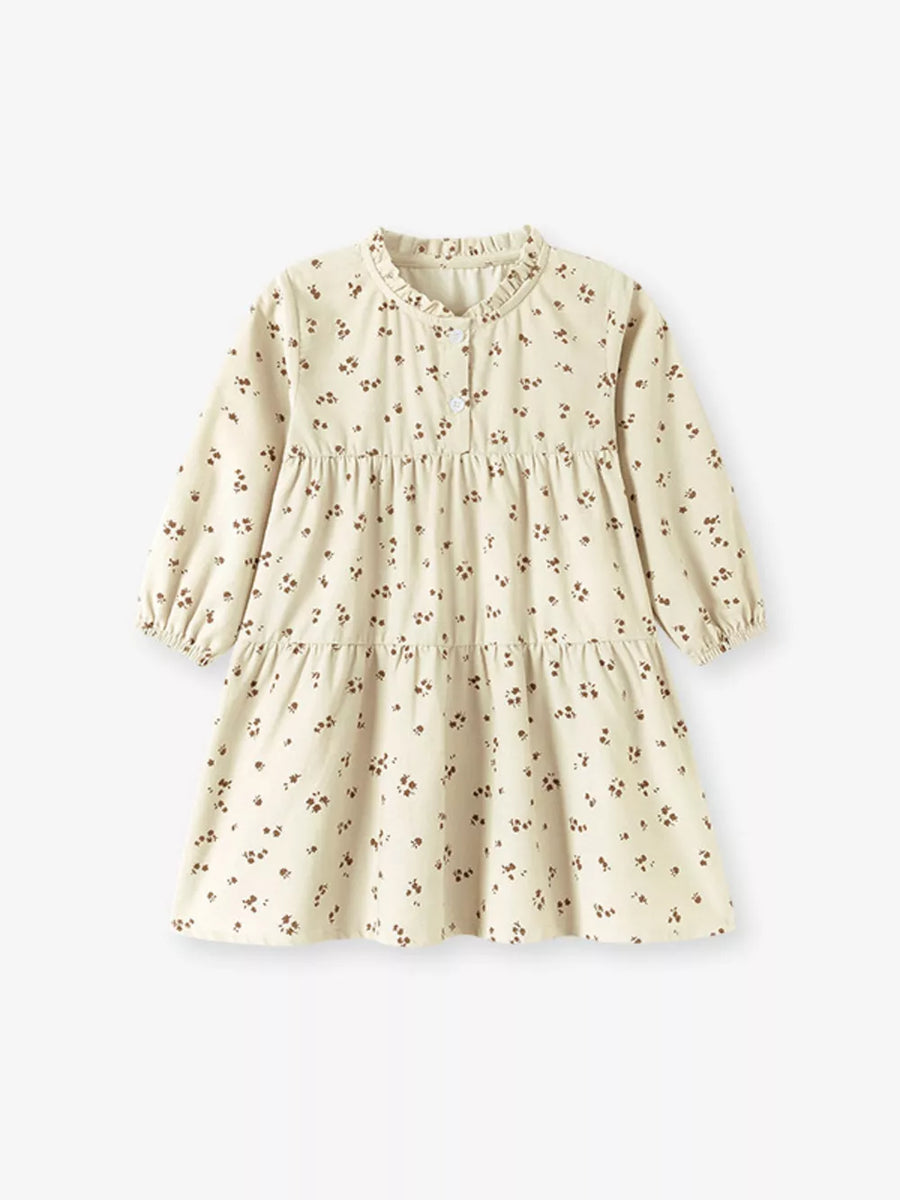 brown A-line dress featuring buttoned and ditsy floral