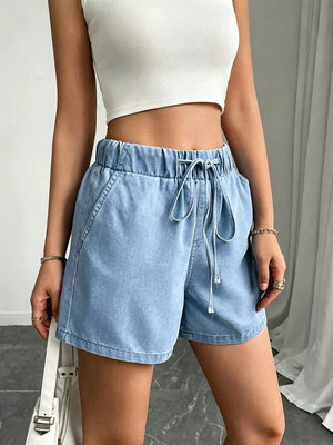 Light Drawstring High Waist Denim Shorts