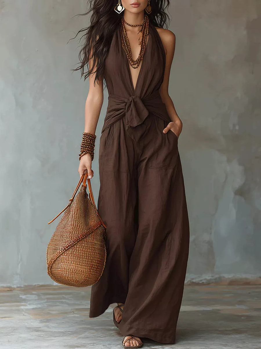 jumpsuit in dark brown featuring tied and relaxed fit