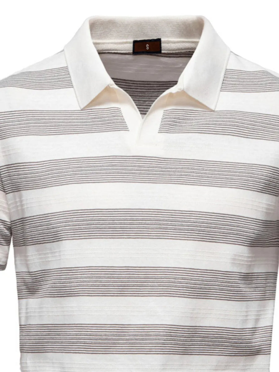Textured stripe polo shirt in ivory with a classic collar and short sleeves.
