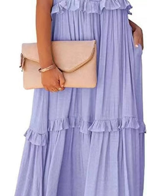 Light purple ruffled maxi dress with pockets, polyester, tiered skirt detail.