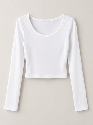 crop top in White with scoop neck and long sleeve