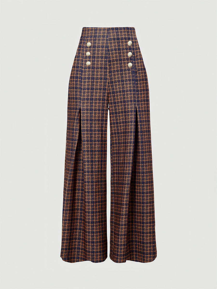 black wide-leg pants featuring decorative buttons and plaid