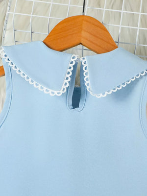 Blue toddler dress with lace-trimmed Peter Pan collar and keyhole back detail.