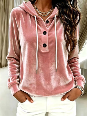 Full Size Drawstring Button Detail Hoodie in Black with hooded