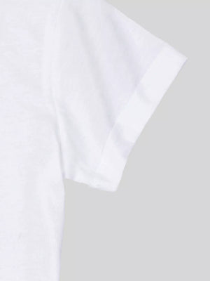 White t-shirt with short sleeves and a clean hem.