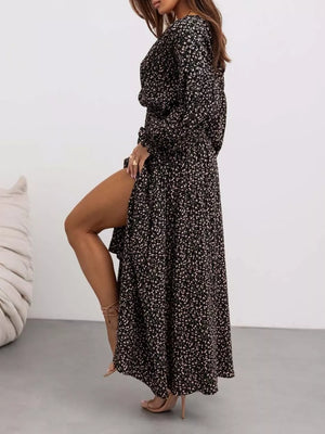 maxi dress in Mustard with deep v-neck and bishop sleeve