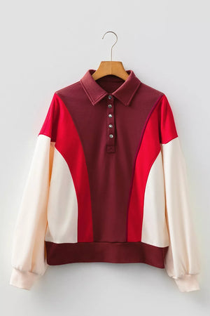 sweatshirt in red with color-block and buttoned