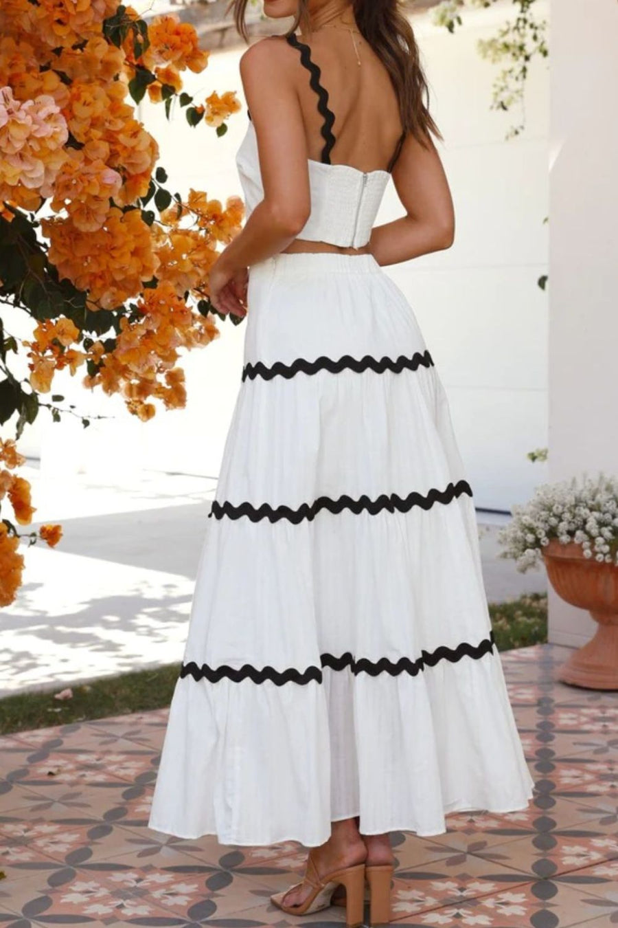 White tiered maxi skirt with black scalloped trim