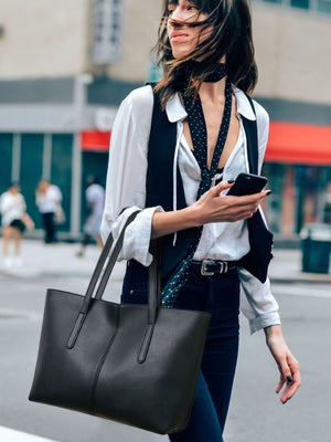 PU Leather Imported Size & tote in Black with boxy silhouette