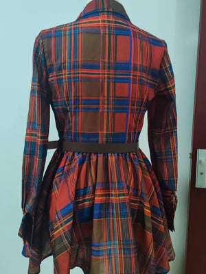 shirt dress in deep red with plaid and buttoned