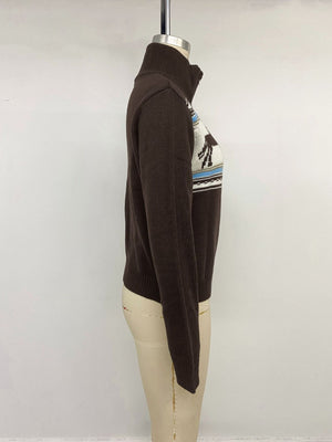 Horse Zip Up Mock Neck Cardigan in Coffee Brown with zipper