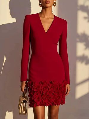 V-neck Mini Dress With Rose Embellishment in Black